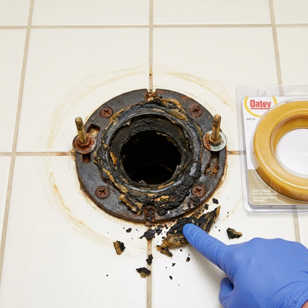 Failed wax ring showing water seepage at the base of a toilet in a Marshall, AR home