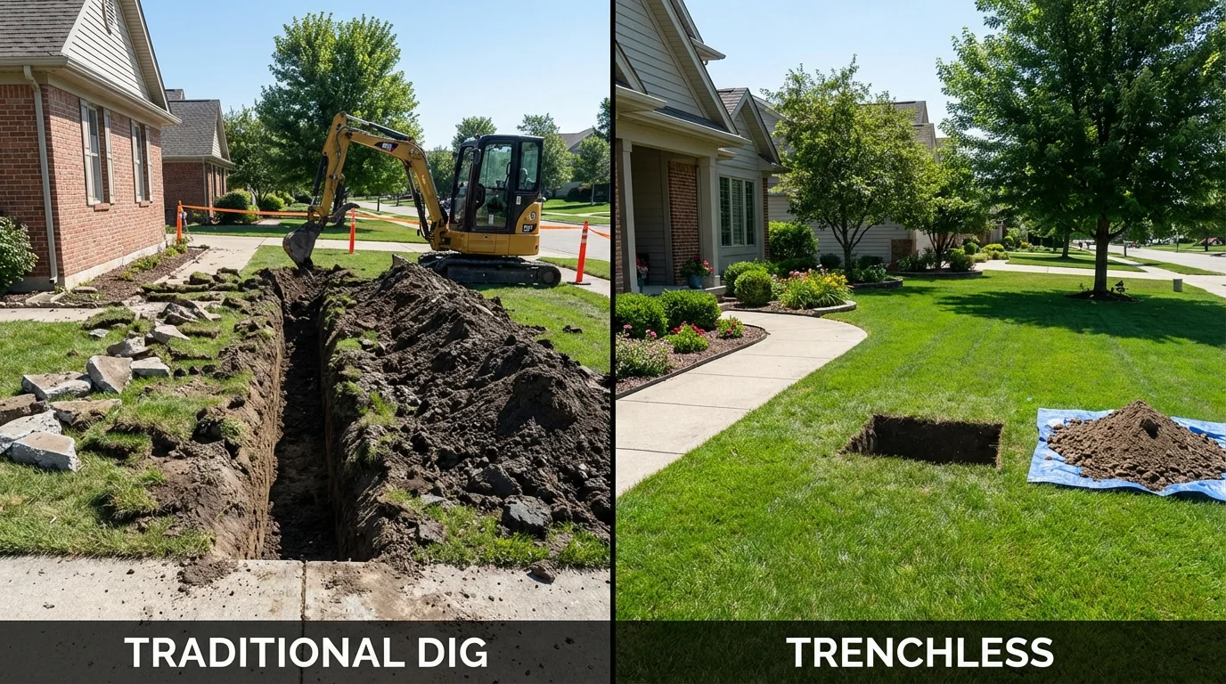 Trenchless sewer repair with minimal yard damage versus traditional excavation in Marshall, AR