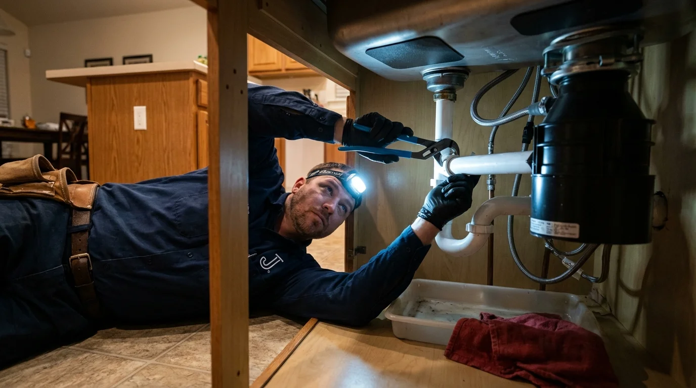 P-trap and supply line connections under a kitchen sink showing a common leak point in Marshall, AR